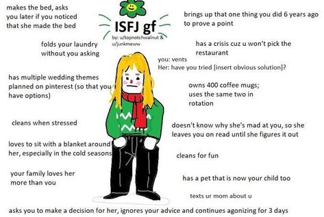 The ISFJ gf : isfj Isfj Girlfriend, Mbti Functions, Isfj Personality, Introverted Sensing, Type Of Girlfriend, Gf Memes, Myers Briggs Personality Types, Myers Briggs Personalities, People Skills