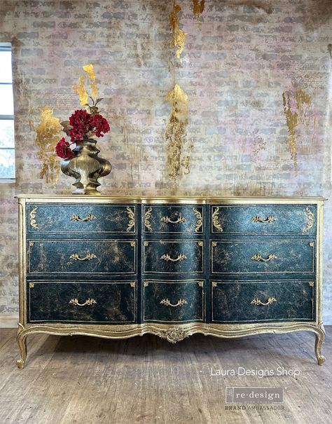 BLACK FRIDAY SALE  Starts Nov. 17th - 30th  Prices are already discounted in the listing. Emerald Green & Gold Dresser - Decoupage Tissue Paper on the inside drawers. Gold script icing paste with appliqués. Easy gliding drawers - new hardware .  22.5D x 63.5W x 35H Turquoise Gold Dresser, Navy And Gold Dresser Makeover, Gold Dressers, Dresser Decoupage, Cool Dresser, Furniture Makeover Inspiration, Hand Painted Dressers, Gold Dresser, Beautiful Dresser