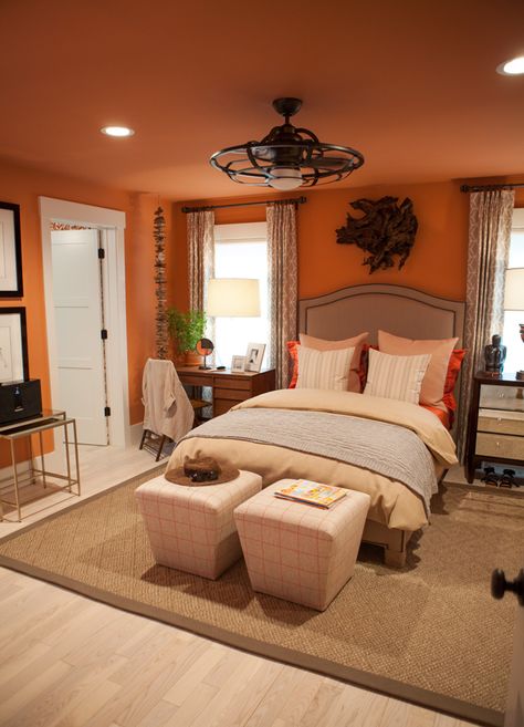 Love the fan light fixture. Tour of the HGTV Dream Home 2016 - In My Own Style Orange Bedroom Walls, Burnt Orange Bedroom, Orange Bedroom Decor, Orange Rooms, Hgtv Dream Home, Living Room Orange, Bedroom Orange, Brown Bedroom, Orange Walls