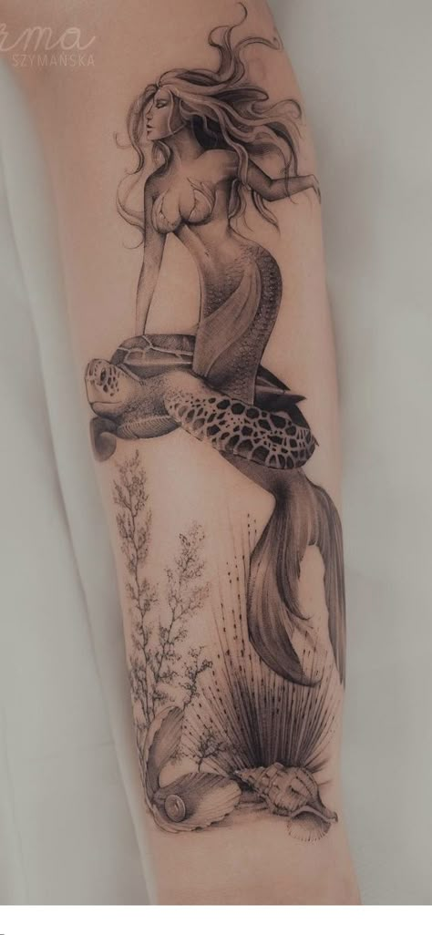 Traditional Mermaid Tattoos, Mermaid Sleeve Tattoos, Underwater Tattoo, Little Mermaid Tattoo, Tattoo Mermaid, Mermaid Tattoo Designs, Mystical Tattoos, Polynesian Tattoos, Mermaid Tattoo