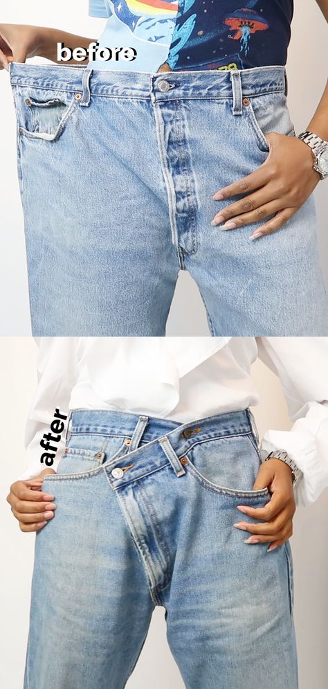 Grab an pair of too big Levi jeans and make them fit in the most trendy way for autumn/winter 2019!  These jeans end up fitting like a super comfy pair of mom jeans, but way more edgy. Deconstructed Jeans Diy, Denim Refashion Diy, Jeans Too Big, Diy Crossover Jeans, Altered Jeans, Upsize Jeans, Jeans Makeover, Jeans Transformation Ideas, Jeans Diy Upcycle