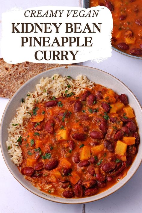 Creamy kidney bean pineapple curry is a quick and easy vegan recipe with Indian curry powder and a luscious coconut pineapple curry sauce. This healthy recipe is made with plant-based ingredients, like high-protein kidney beans and is gluten-free. Make it with fresh, frozen, or canned pineapple. Serve it over cooked rice or with naan or flatbread. This is rajma curry with attitude! If you’re looking for pineapple recipes, this unique dish makes a delicious dinner that takes 40 minutes or less. Pineapple Curry Recipe, Vegan Bean Recipes, Vegan Chicken Salad, Recipes With Kidney Beans, Pineapple Curry, Vegan Bean, Vegan Curry Recipes, Vegan Indian Recipes, Vegan Christmas Recipes