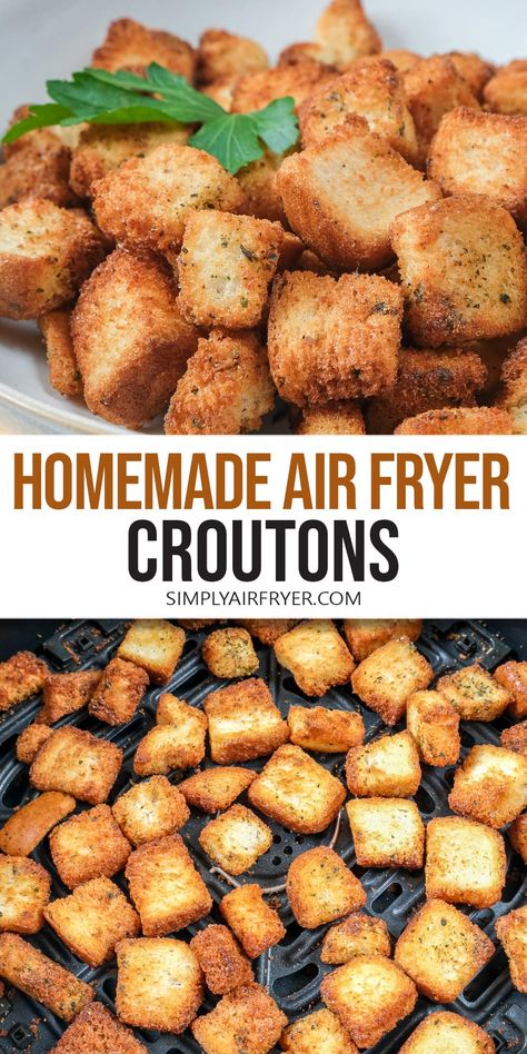 Want to make deliciously crispy air fryer croutons? Follow this recipe for quick and easy croutons that are a tasty addition to salads! Air Fry Croutons, Homemade Croutons Air Fryer, Air Fryer Croutons Homemade, Croutons Homemade Air Fryer, Homemade Croutons Recipe, Airfryer Croutons, Croutons In Air Fryer, Croutons Air Fryer, Home Made Croutons Recipe