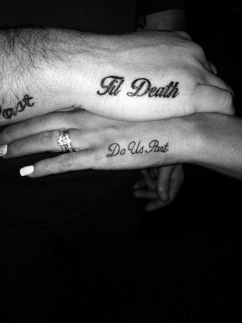 Couple Tattoo Sayings Words, His Only Her One Tattoos, Sentimental Couple Tattoos, Tattoos With Your Boyfriend, Black Couple Tattoo Ideas, Wedding Couple Tattoos, Gangsta Matching Tattoos, 444 Matching Tattoo Couples, Dark Couples Tattoos