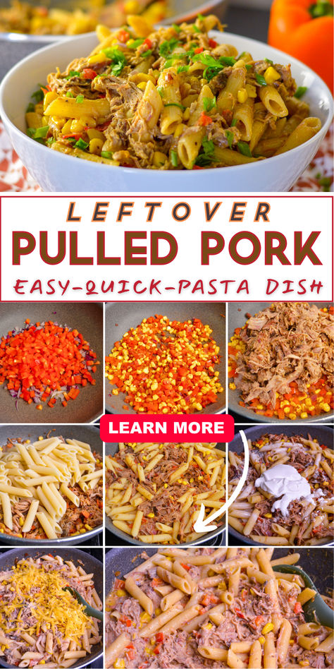 Leftover pulled pork "easy quick pasta dish." Pinterest Pin with a photo on top in white serving bowl of colorful pasta and a collage of steps to make below. Pulled Pork Pasta Recipes, Leftover Shredded Pork, Pulled Pork Pasta, Pulled Pork Leftover Recipes, Leftover Pulled Pork, Pork Pasta, Best Pork Recipe, Quick Pasta Dishes, Healthy Pasta Dishes