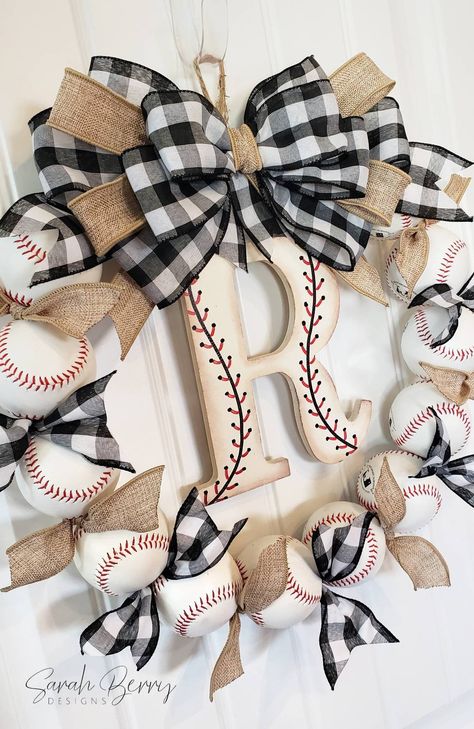 "\"Play Ball\" There's no better fit for summer than apple pie, picnics and sunny days, than this awesome baseball wreath!!  Perfect for avid fans, parents with kids playin' ball, or just a touch of \"all American\" to your front door!  Made with real baseballs!!  Can be customized with different ribbons and color accents. Made to order the way you like it! This wreath measures approximately 18-19\" in diameter and is the size of a standard front door wreath.  It can be sized up (or down) depend Parents With Kids, Bow Monogram, Baseball Wreath, Sarah Berry, Wreath With Burlap, Baseball Wreaths, Baseball Coach Gifts, Burlap Mesh Wreath, Baseball Crafts