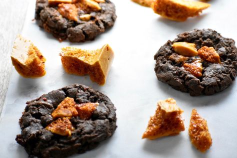 Double Chocolate Honeycomb Cookies - Powered by @ultimaterecipe Honeycomb Chocolate, How To Make Caramel, Double Chocolate Cookies, Golden Syrup, Milk Chocolate Chips, Double Chocolate, Dark Chocolate Chips, Chocolate Cookies, Chocolate Cookie