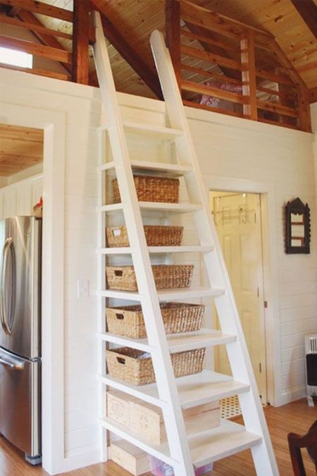 Tiny House Stairs: How To Build Them And Clever Design Ideas With Photos | The Tiny Life Loft Stairs Ideas, Tiny House Stairs, Loft Stairs, Tiny House Loft, Loft Ladder, House Loft, Attic Stairs, Tiny Cottage, Attic Renovation