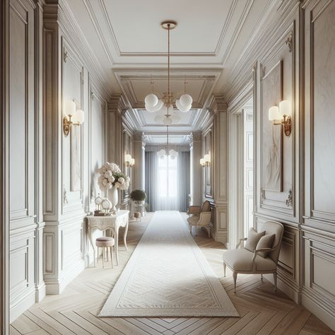 The interior should reflect neutral tones and natural materials, such as beautifully distressed wood flooring and white marble accents. The walls might be adorned with traditional crown molding painted in a crisp white, intersecting with pastel-colored wallpaper or elegantly textured plaster. Periodical antique furniture, sophisticated lighting fixtures, and subtly plush rugs should contribute to the ambiance. Use this image as a complete inspiration for a modern hallway remodeling project. Cream Panelling Hallway, French Chateau Style Homes Interior, Modern French Design Interior, Neoclassical Hallway, Parisian Entryway, Parisian Hallway, Classical Staircase, French House Interior, French Staircase