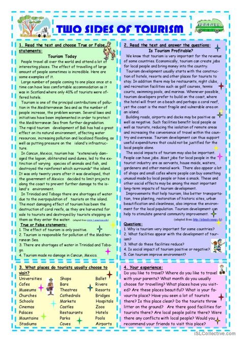 Four exercises on the topic "Tourism": read the text and choose true or false statements, read the text and answer the questions, what places tourists prefer to visit, your experience of being a tourist. Thank you!!! What Is Tourism, Tourism Development, True Or False, Esl Worksheets, Reading Levels, The Text, Level 3, Tourist Attraction, Texts