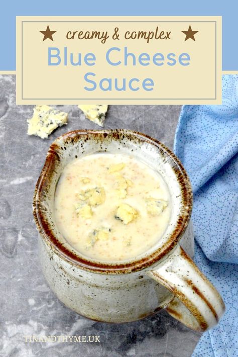 This easy recipe for blue cheese sauce is both rich and creamy. It's made with a wholesome wholemeal flour roux and is perfect for drizzling over pasta, veggies, baked potatoes and more. Add bold flavour to any dish with this versatile and healthier twist on classic blue cheese sauce. Quick to make and only four ingredients needed. Save this recipe for your next meal. #Sauce #BlueCheese Blue Cheese Pasta Sauce, Cheese Sauce For Steak, Blue Cheese Pasta, Pasta Veggies, Blue Cheese Recipes, Cream Sauce Pasta, Blue Cheese Sauce, Uk Recipes, Vegan Cheese Sauce