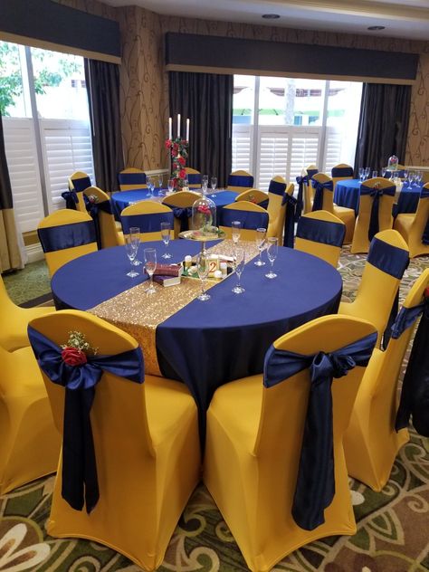 Royal Blue And Yellow Wedding Theme Table Settings, Royal Blue And Yellow Wedding, Wedding Color Royal Blue, Beauty And The Beast Wedding Theme, Beauty And Beast Wedding, Blue Gold Wedding, Blue Wedding Decorations, Disney Inspired Wedding, Traditional Wedding Decor