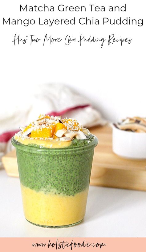 This layered chia pudding is made with matcha green tea and a mango purée. It is just one of three different recipes for chia pudding that you can find on my site. This is a great way to switch up your flavours so you don't get bored. This is packed with fibre, protein and is naturally gluten free and vegan. #chiapudding #healthy #healthybreakfast #breakfast #mealprep #plantbased #paleo #glutenfree #vegan #dairyfree Green Chia Pudding, Chia Avocado Pudding, Vegan Chia Pudding, Matcha Chia Pudding, Healthy Pudding, Chia Seed Recipes Pudding, Avocado Pudding, Vegan Breakfasts, Meal Prep Guide