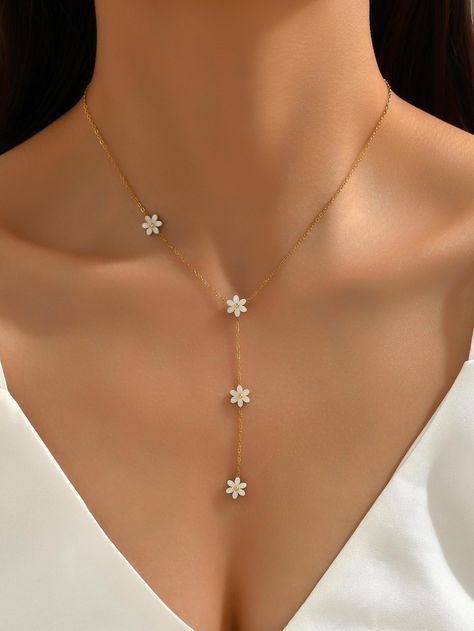 Cute Chains For Women, Classy Gold Jewelry, Flower Gold Necklace, Homecoming Jewelry, Neck Pieces Jewelry, Gold Lariat Necklace, Pretty Jewelry Necklaces, Fancy Jewellery Designs, Chain Women