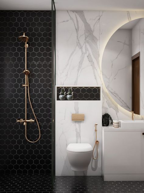 Black And White Bathroom Design Mirror With Seat, Bathroom Design Concept, Bathroom Tile Concepts, Light Colour Bathroom Ideas, Indian Bathroom Tiles Design Ideas Small Spaces, Bathroom Ideas Modern Colour, Black And White Washroom Ideas, Indian Toilet Tiles Design, Bathroom Niches Designs