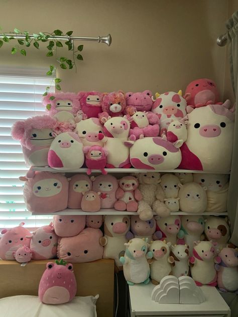 Squishamellows Aesthetic, Cute Squishmallows Aesthetic, Plushie Shelf, Squishmallow Room, Pink Squishmallow Aesthetic, Huge Squishmallows Collection, Squshmellow Collection Aesthetic, Squishmallow Collection, Stuffed Animal Displays