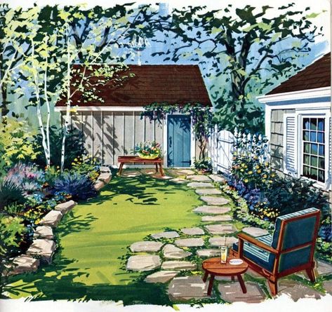 Small gardens & sweet retreats: Clever ideas for secluded outdoor spaces from the 1960s - Click Americana 1960s Landscaping, Mcm Garden, Mid Century Backyard, 1960s Garden, Retro Homes, Diy Outdoor Space, Backyard Structures, Shady Garden, Backyard Diy