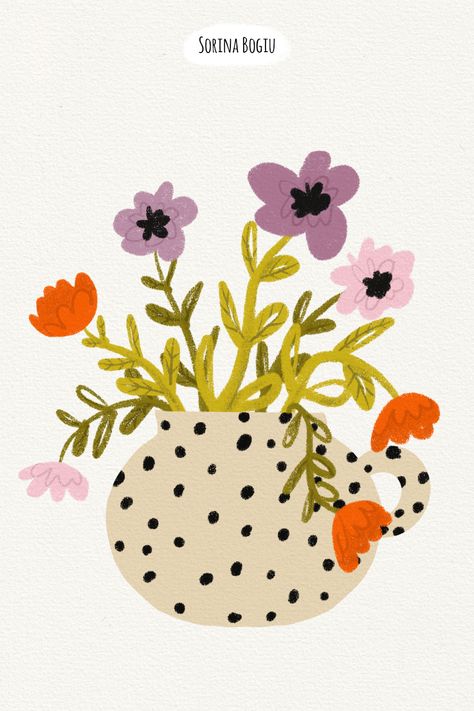 Flower vase illustration #flowers #bloom #dots #purple #spring Vase Of Flowers Illustration, Flower Vase Illustration, Small Wall Painting, Spring Flowers Illustration, Vase Illustration, Purple Illustration, Spring Illustration, Purple Spring, Summer Illustration