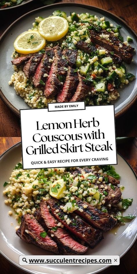 Delight your guests with this savory grilled skirt steak complemented by a zesty lemon herb couscous salad. A sophisticated dish perfect for holiday celebrations. Herb Couscous, Christmas Entrees, Grilled Skirt Steak, Tender Steak, Diy Snacks, Couscous Salad, Lemon Herb, Tomato Vegetable, Ultimate Christmas