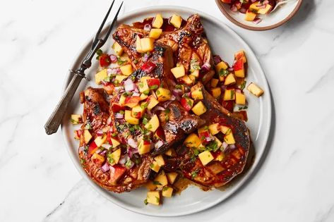 Spicy Honey-Glazed Grilled Pork Chops With Peach Pico de Gallo recipe | Epicurious.com Honey Glazed Pork Chops, Peach Pork Chops, Pork Chop Recipes Grilled, Glazed Pork Chops, Pork Chop Dinner, Glazed Pork, Juicy Pork Chops, Peach Salsa, Pork Glaze