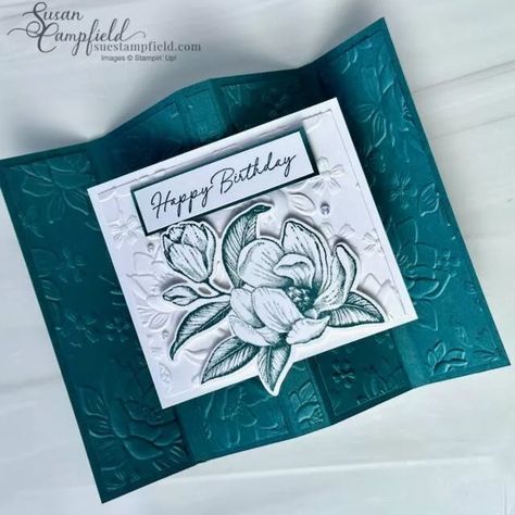 Stunning! M is for Majestic, Meet the Majestic Fun Fold Card. - Suestampfield Magnolia Mood Stampin Up Cards, Lenten Meals, Stampin Up Easter Cards, Mood Card, Designer Paper Cards, 3d Birthday Card, Fancy Fold Card Tutorials, Beautiful Friendship, Flower Birthday Cards