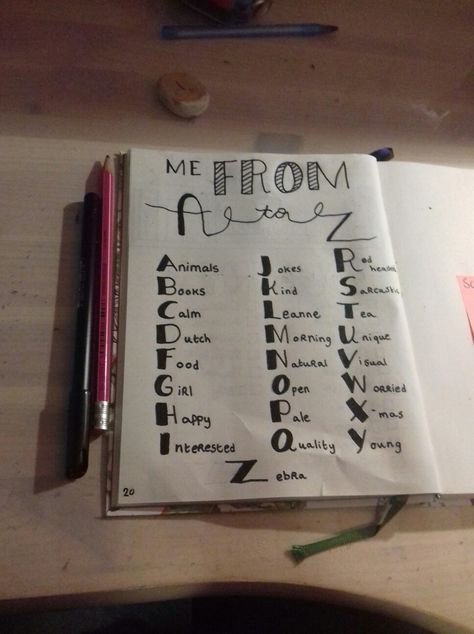 Me from A to Z Follow my insta--> @bujowithducks Me From A To Z Ideas, Doodling My Day, Bullet Journal Goals Layout, Me From A To Z, Dairy Idea, Bullet Journal Topics, Bullet Journal Prompts, Diy Kalender, Bullet Journal Lists