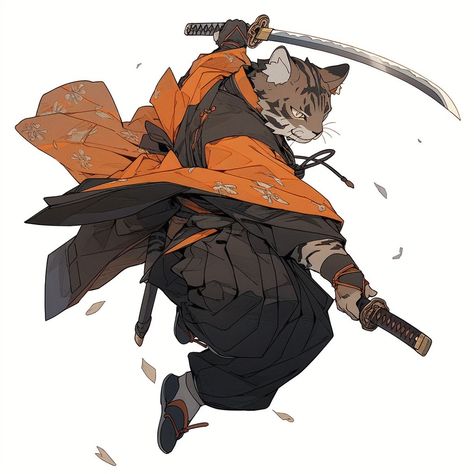 Ninja Animals Character Design, Samurai Cat Art, Tabaxi Samurai, Kensei Monk, Animal Samurai, Tabaxi Monk, Cat Samurai, Dungeons And Dragons Characters, Game Character Design