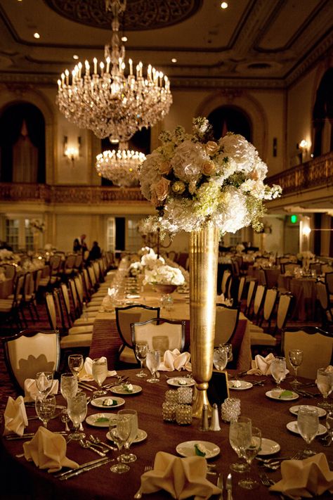 Gold   Ivory Vintage Wedding | bellethemagazine.com Tall Vase Wedding Centerpieces, Tall Wedding Vases, Gold Vases Wedding, Tall Gold Vases, Picture Wedding Centerpieces, Creative Wedding Centerpieces, Gold Wedding Centerpieces, Unique Wedding Centerpieces, Flower Table Decorations