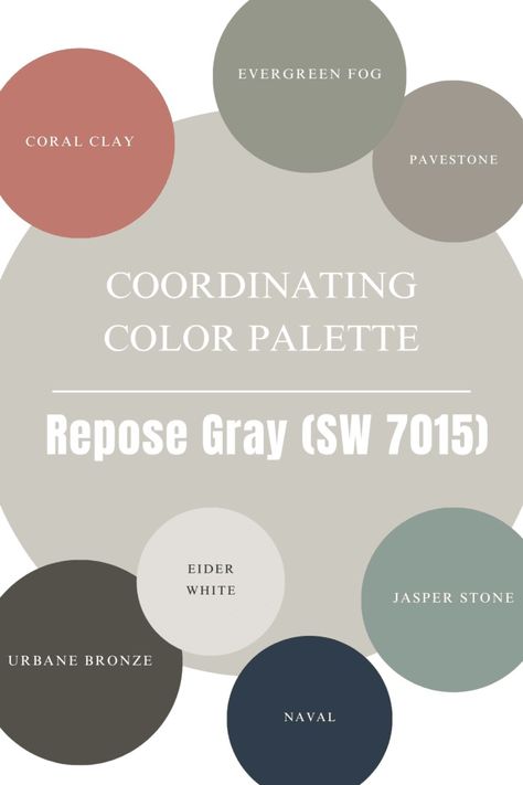 Sherwin Williams Repose Gray (SW 7015) | Paint Color Review - Building Bluebird Sherwin Williams Gray Color Palette, Complementary Colors To Repose Gray, Repose Gray Trim And Doors, Repose Gray Complimentary Colors, Repose Gray Sherwin Williams Coordinating Colors, Repose Gray Living Room Decor, Mindful Grey Coordinating Colors, Evergreen Fog And Repose Gray, Accent Colors For Repose Gray