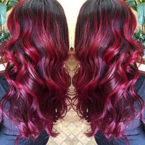 If you're looking to dye your hair red, you need to check out these 10 color ideas! Includes brands like Manic Panic, Joico, Pravana, Rusk, Lakme, and Splat! Red And Purple Hair, Ruby Red Hair Color, Ruby Red Hair, Red Hairstyle, Crimson Hair, Red Ombre Hair, Red Balayage, Dyed Red Hair, Dark Red Hair