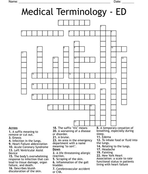 Medical Terminology - ED Crossword Medical Crossword Puzzles, Medical Terminology Study Cheat Sheets, Medical Terminology Games, Medical Terminology Study, Acute Coronary Syndrome, Root Words, Medical Terminology, Medical Coding, Crossword Puzzles