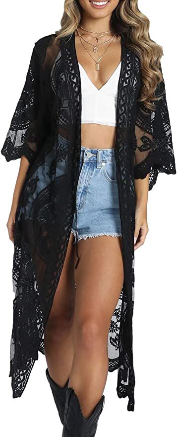 Bsubseach Women Black Mesh Cardigan Bikini Beach Kimono Open Front Swimsuit Cover Ups Swimwear at Amazon Women’s Clothing store Lace Cardigan Outfit, Black Lace Kimono, Black Lace Cardigan, Woven Cardigan, Long Sleeve Kimono, Kimono Design, Black Plain, Chic Bohemian, Lace Kimono