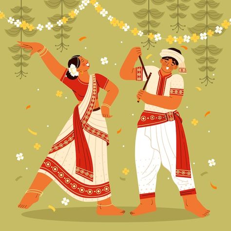 Indian Vector Illustration, Folk Dance Drawing, Magh Bihu, Story Boarding, Dance Vector, Vector Illustration Character, Dress Vector, Indian Illustration, Dancing Drawings