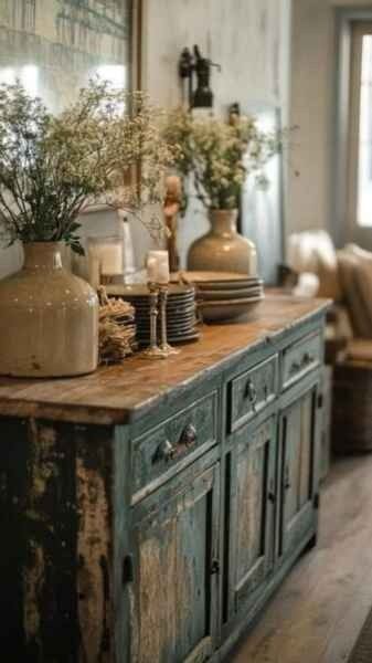 Search French Cottage Interior, Sideboard Decor Ideas, Woodland Living Room, Woodland Living, Sideboard Decor Dining Room, Dining Room Buffet Table Decor, Dining Room Buffet Table, Chippy Painted Furniture, Sofa Table Decor