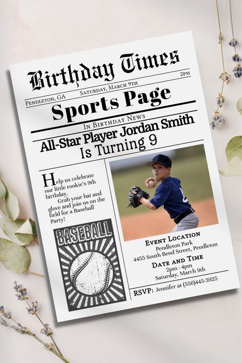 Baseball Birthday Party Invitations, Baseball Birthday Invitations, Baseball Invitations, Sports Page, Baseball Birthday Party, 9th Birthday Parties, Baseball Party, Baseball Theme, Baseball Birthday