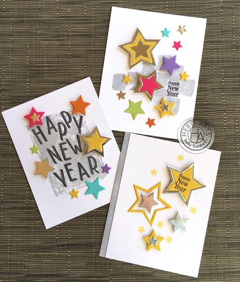 New Year Diy Cards, Diy Happy New Year Cards, New Year Card Making Ideas For Kids, Diy New Year Cards Handmade, Handmade New Years Cards, New Years Greeting Cards, New Year Cards For Kids, New Year Cards Diy, New Year Card Design Handmade