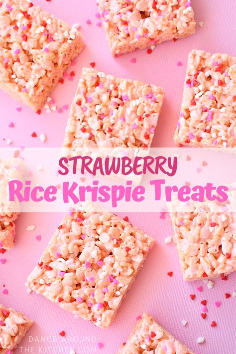 These Strawberry Rice Krispie Treats are super easy and perfect for Valentines Day! <3 #ValentinesDay #ValentinesTreats #EasyValentines #DIYValentines Rice Krispie Treats Valentines Day, Themed Rice Krispie Treats, Rice Krispie Treats Original Recipe, Strawberry Rice Krispie Treats, Krispie Treats Christmas, Dessert Rice, Rice Krispie Treats Christmas, Rice Crispie, Popcorn Movie