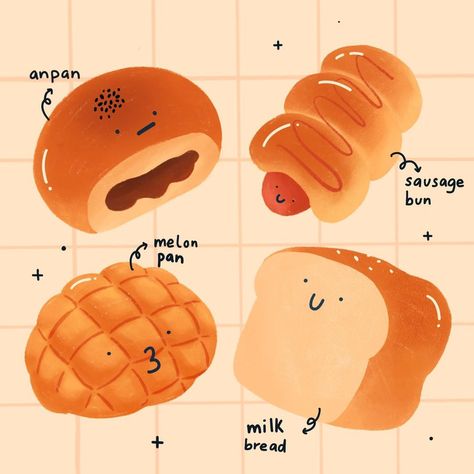 Aesthetic Food Illustration, Food Cute Illustration, Cute Bread Drawings, Kawaii Drawings Food, Cute Food Art Drawing, Food Drawing Aesthetic, Cookie Doodle, Cute Food Illustration, Sausage Bun