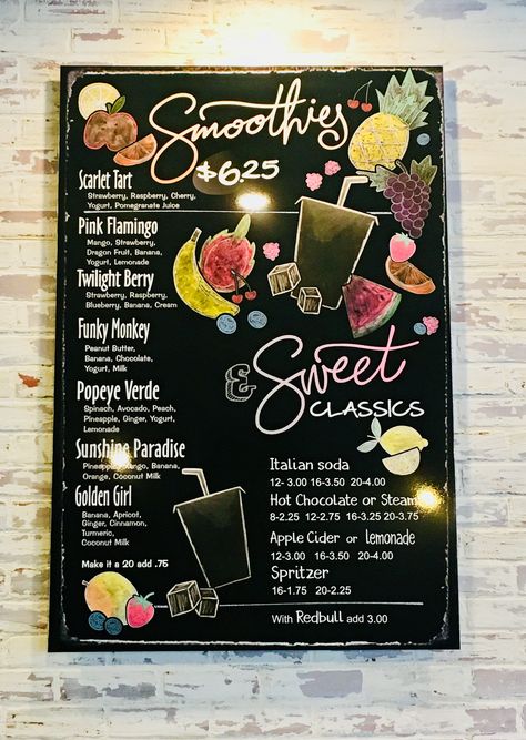 Chalkboard Specials, Smoothie Truck, Juice Business, Cafe Menu Boards, Chalk Menu, Coffee Chalkboard, Menu Board Design, Smoothie Menu, Coffee Shop Signs