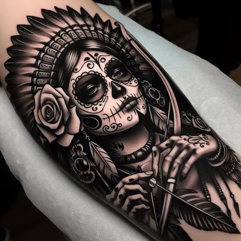 Catrina Apache con arco (IA) Mexican Tattoos For Women, Mariachi Tattoo, La Catrina Tattoo, Clock Tattoo Sleeve, Calavera Tattoo, Day Of The Dead Tattoo, Candy Skull Tattoo, Headdress Tattoo, Him And Her Tattoos