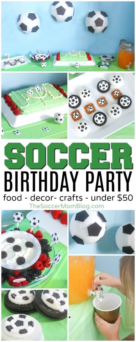 Celebrate your little fútbol star with this easy and thrifty soccer birthday party! (Food, supplies, and party favors for $50 or less!) Kids Party Menu, Soccer Themed Birthday Party, Soccer Theme Parties, Soccer Birthday Party, Soccer Birthday Parties, Soccer Theme, Football Birthday Party, Party Themes For Boys, Soccer Birthday