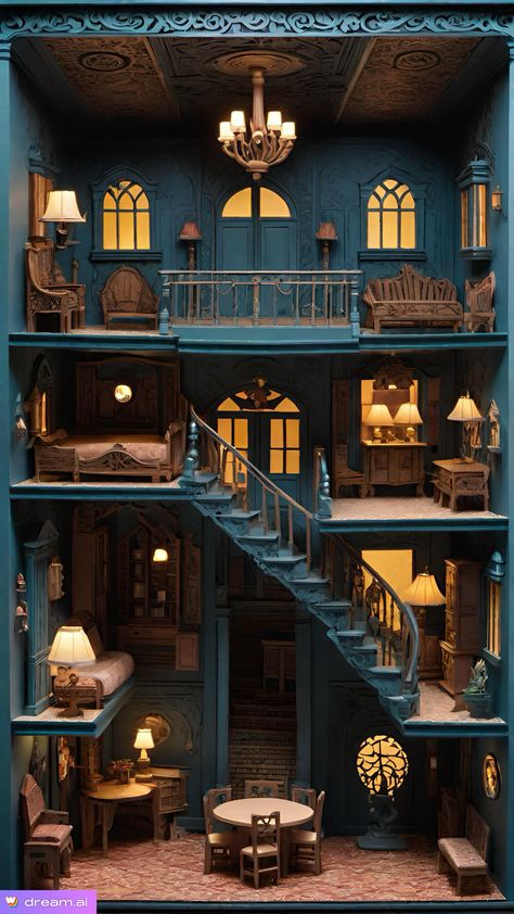 Miniature Houses Interior, Gothic Dollhouse Interior, Vintage Dollhouse Aesthetic, Doll House Interior Ideas, Whimsical Dollhouse, Goth Dollhouse, Victorian Dollhouse Interior, Dollhouse Aesthetic, Brownstone Dollhouse