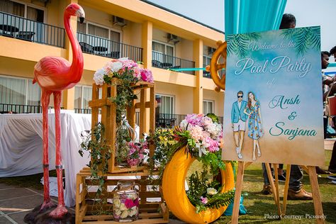 Pool Party Wedding Decor, Pool Party Decorations Wedding, Indian Pool Party, Mehendi Pool Party, Haldi Entrance, Raj And Simran, Wedding Pool Party Decorations, Pool Party Decor, Wedding Carnival