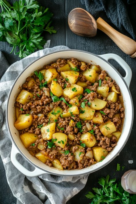 A skillet filled with cooked ground beef and diced potatoes garnished with parsley. Cozy Ground Beef Recipes, Beans And Ground Beef Recipes, Ground Beef Seasoning Recipes, Ground Beef And Potatoes Recipes, Beef And Potatoes Recipes, Meals With Potatoes, Ground Beef Mushroom Recipe, Staple Dinners, Ground Beef And Potato Recipes