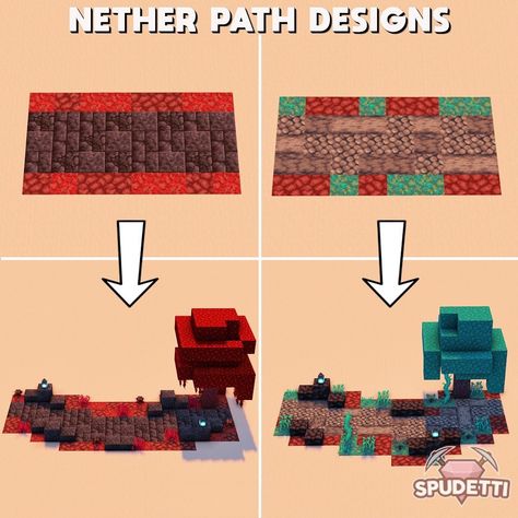 Nether Design Ideas, Minecraft Nether Path Design, Nether Paths Minecraft, Minecraft Houses Nether, Minecraft Build Challenge, Nether Design Minecraft, Nether Build Ideas, Minecraft Build Templates, Minecraft 1.19 Builds