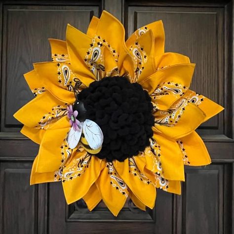 Sunflower with Bee Handkerchief Wreath Sunflower Handkerchief Wreath, Yellow Bandana Sunflower Wreath, Easy Bandana Sunflower Wreath, Sunflower Bandana Wreath Diy, Hankerchief Wreath, Sunflower Reef, Bandana Sunflower Wreath, Bandanna Wreath, Handkerchief Wreath