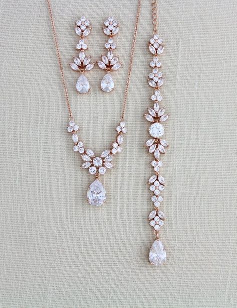 Rose Gold Back Drop Bridal Necklace Backdrop Necklace Crystal | Etsy Handmade Wedding Jewellery, Embossed Jewelry, Backdrop Necklace, Sterling Silver Earrings Handmade, Backdrops Necklace, Engagement Earrings, Bracelet Rose Gold, Bridal Jewelry Set, Necklace Bridal