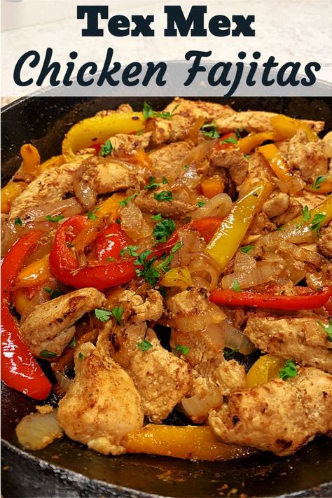 Make Tex Mex Chicken Fajitas with our easy Tex Mex fajitas marinade. Cast Iron Skillet Tex Mex fajita recipe with colorful peppers and onions. #TexMexChickenFajitas #TexMexFajita #TexMexFajitaRecipe #TexMexFajitasMarinade #FajitaTexMex #myturnforus Fajitas Marinade, Fajita Seasoning Recipe, Chicken Fajitas Recipe, Easy Chicken Fajitas, Tex Mex Chicken, Fajita Marinade, Dinner Recipes Healthy Family, Fajita Vegetables, Homemade Seasoning