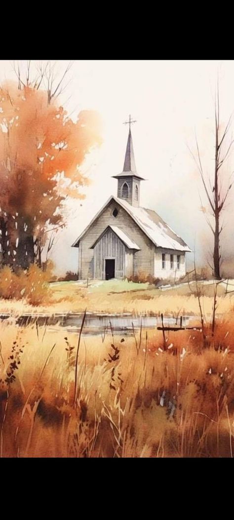 Fall Drawings Sketches, Vintage Church Wallpaper, Old Country Churches Pictures, Watercolor Old House, Aesthetic Art Paintings Vintage, Old Church Paintings, Christian Watercolor Paintings, Country Landscape Paintings, Church Drawing