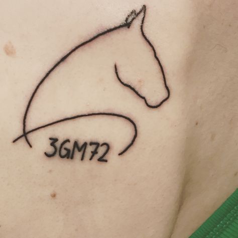 After my horse passed away I got a tattoo!! Inspired by a line drawing I found. Used my horse as reference as I wanted it to be him and made sure to include his brand number. Tattoo For Horse That Passed, Horse Brand Tattoo, Horse Tatoos Ideas Simple, Tiny Horse Tattoo, Horse Memorial Tattoo, Minimalist Horse Tattoo, Simple Horse Tattoo, Tommy Tattoo, Patches Tattoo